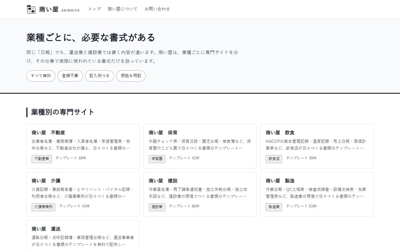 商い屋のトップページ。「業種ごとに、必要な書式がある」という見出しの下に、不動産・保育・飲食・介護・建設・製造・運送の専門サイトがテンプレートの件数とともに並んでいる。